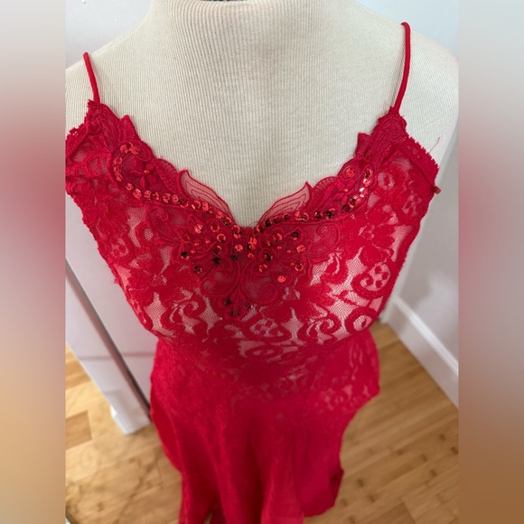 Vintage Shirley Red Floral Lace Floor Length Nightgown - Picture 6 of 15